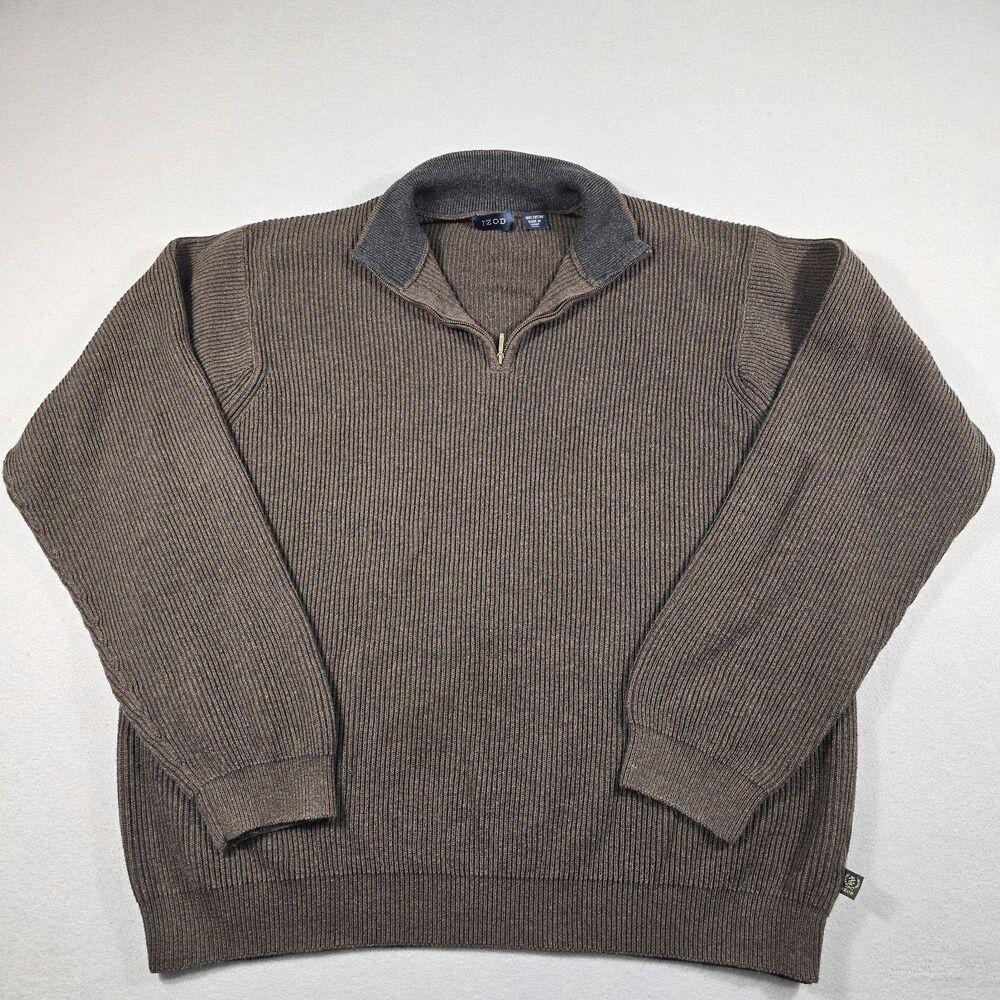 IZOD Men's 2XL Dark Brown 1/4 Zip Ribbed Chunky Knit Pullover Sweater